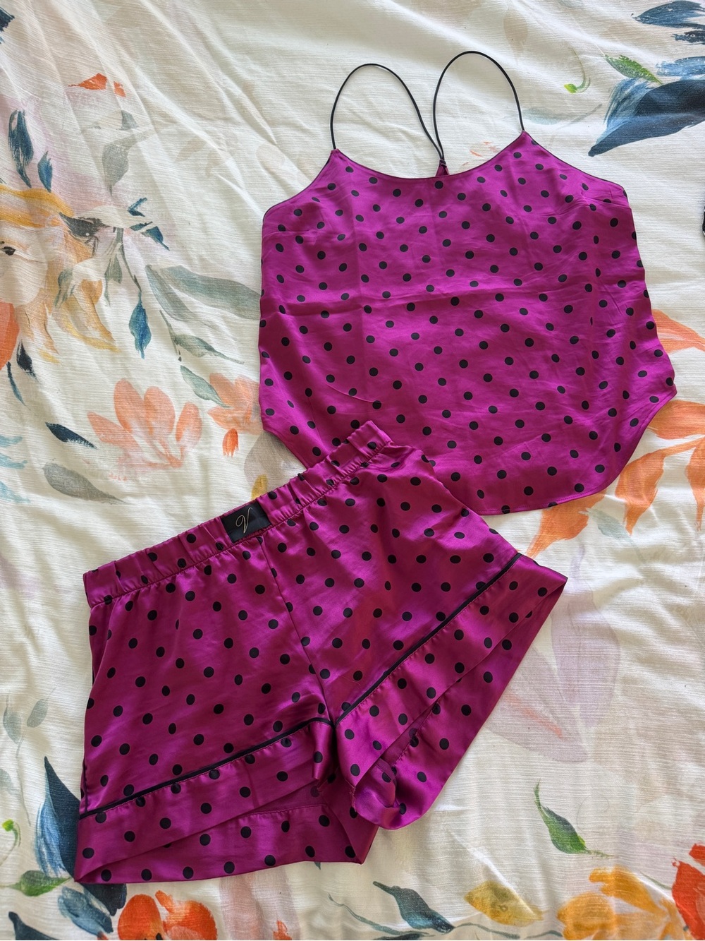 Victoria's Secret Magenta & Black Polka Dot Satin Cami & Shorts Set